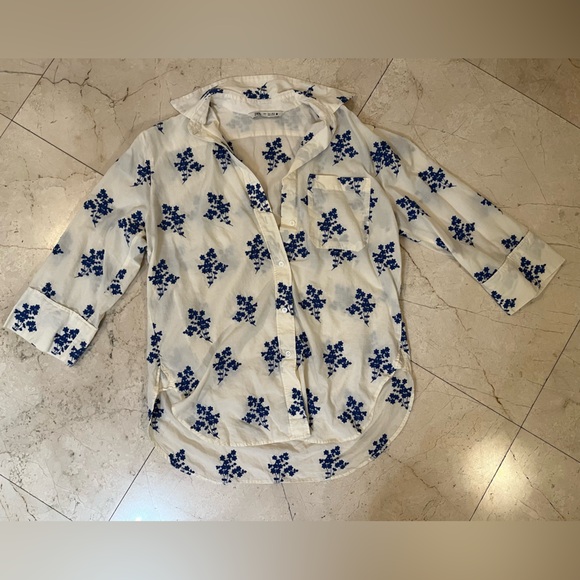 Zara Floral Print Women's Top - Blue and Cream, size L - Picture 3 of 5